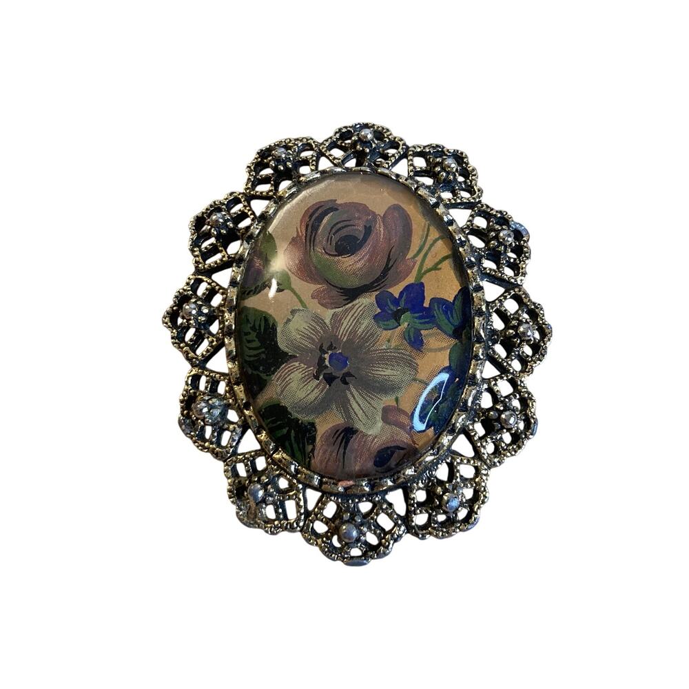 0001 Mid-Century Vintage Victorian Revival Romantic Floral Brooch Pendant EUC